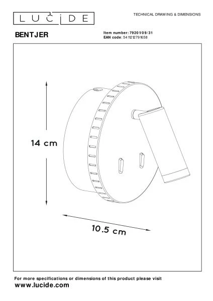 Lucide BENTJER - Bedside lamp / Wall light - Ø 14 cm - LED - 3000K - White - technical